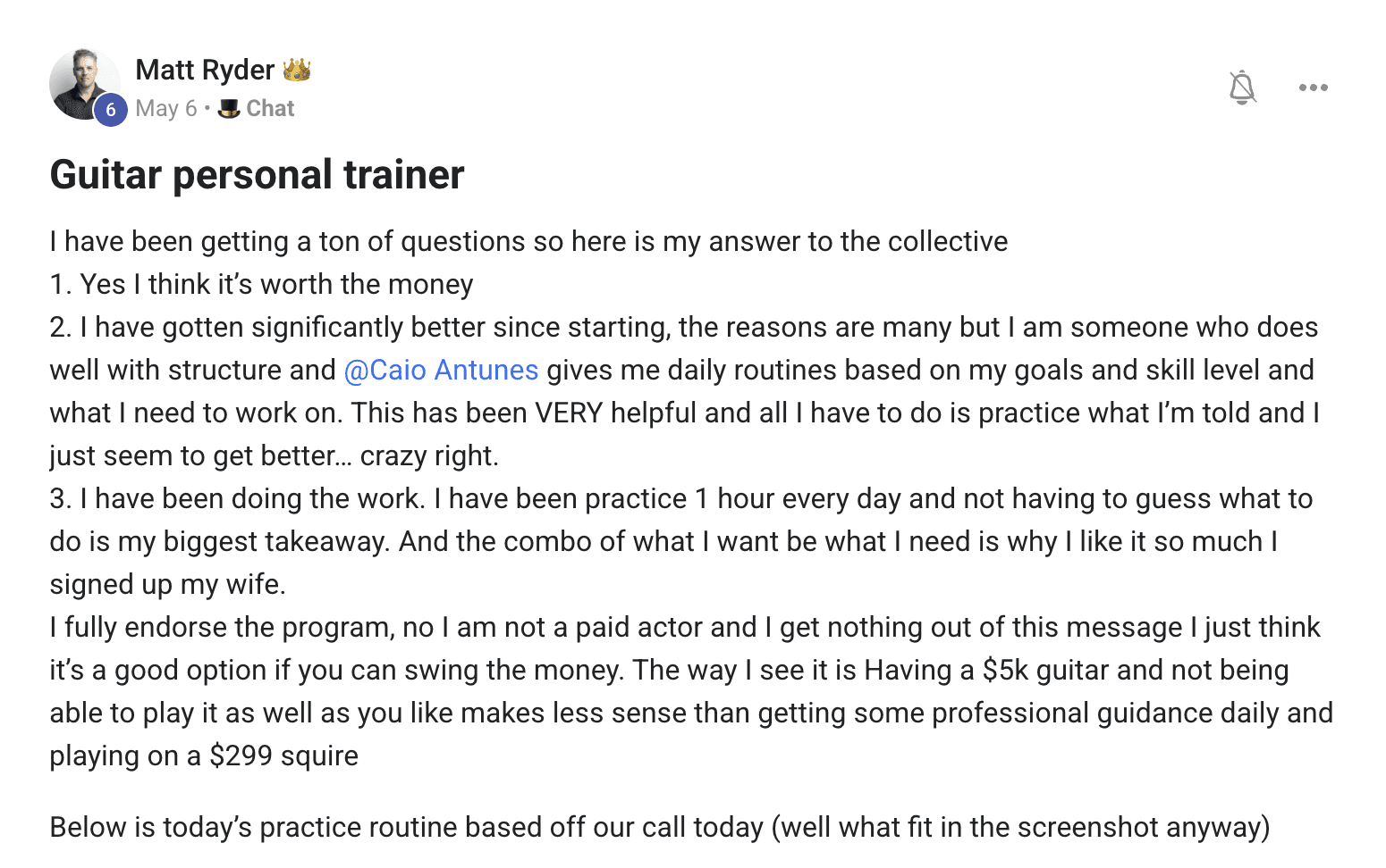 Student testimonial screenshot