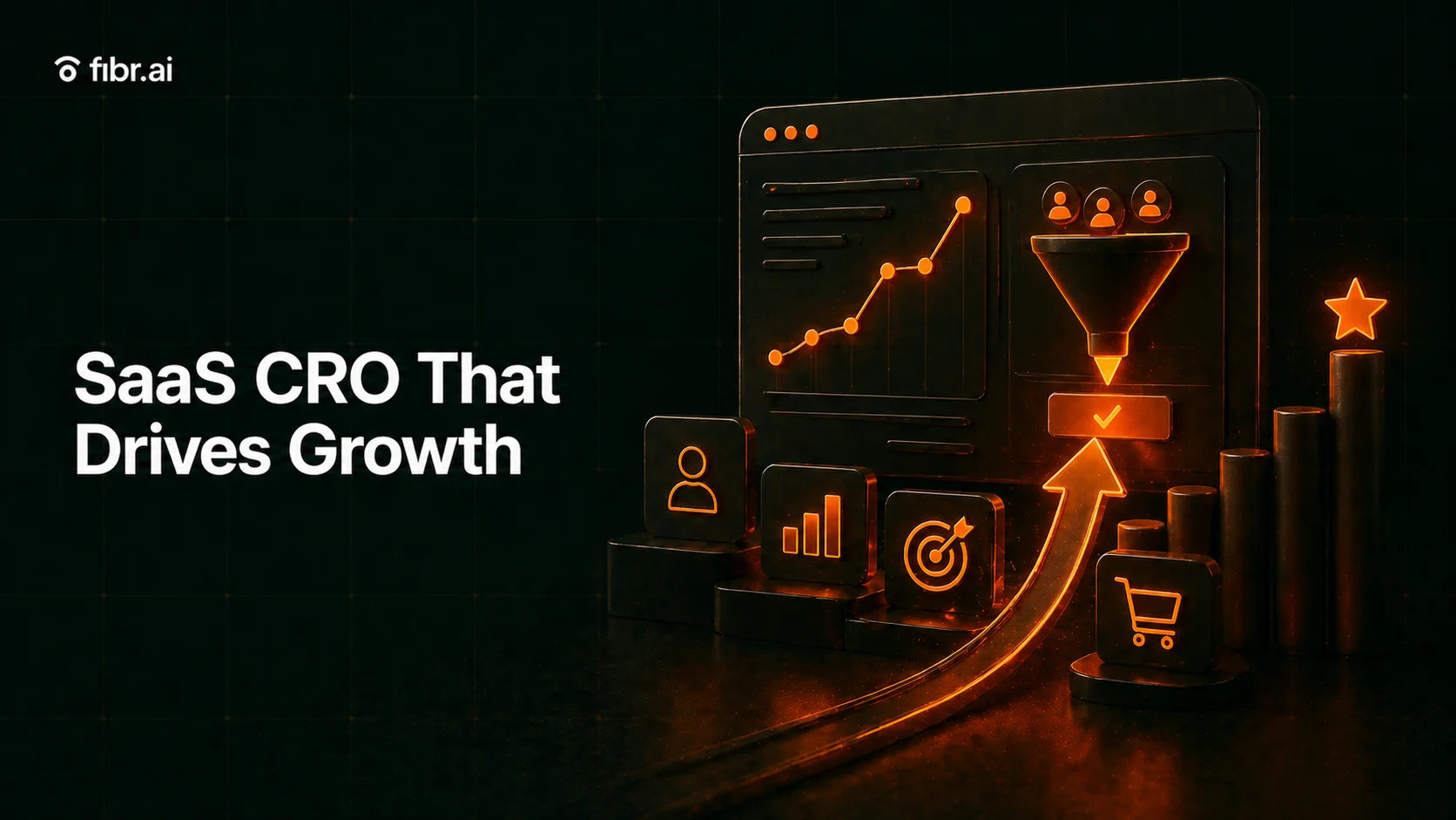 SaaS CRO visualization showing a digital dashboard and conversion funnel driving users toward growth, with upward metrics and actions improving revenue and product performance.