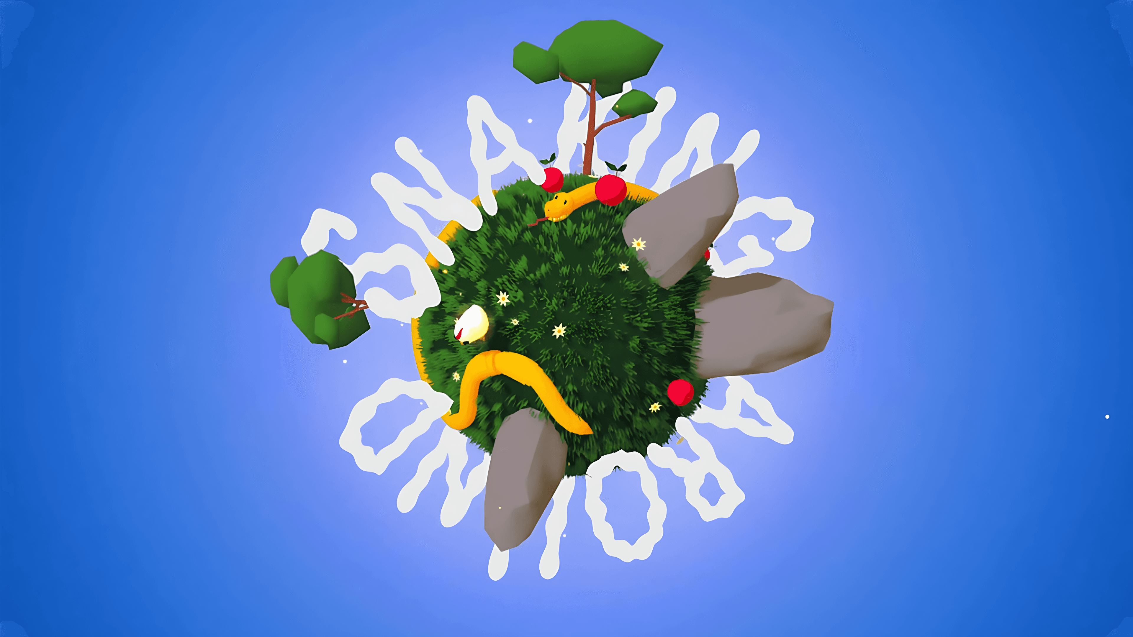 A vibrant thumbnail for the game "Snaking Around," featuring a 3D grassy planet with a yellow snake, trees, and grey rocks. The title text curves in a white, cloud-like font around the spherical world against a bright blue background.