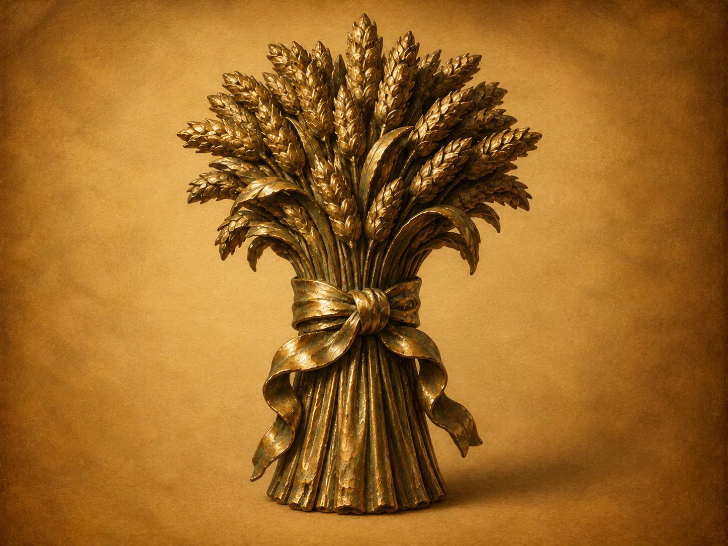 A golden sheaf of wheat tied with ribbon
