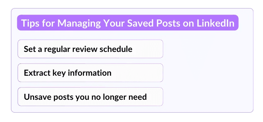 chart of tips on how to manage saved posts on LinkedIn