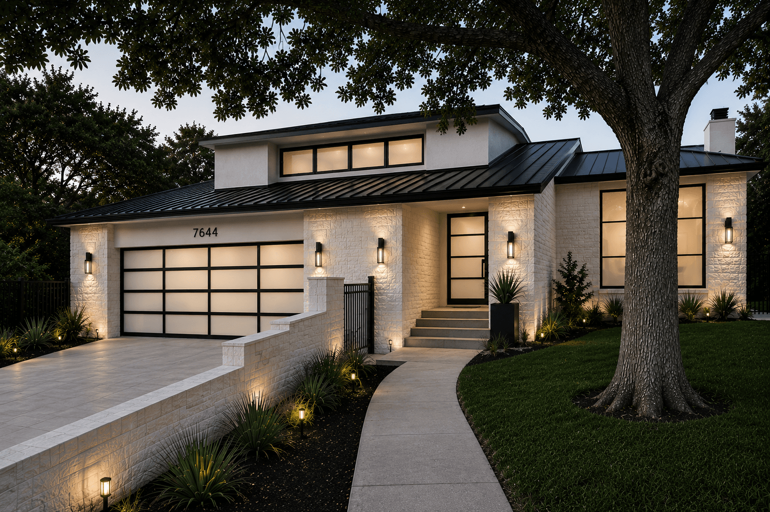 Modern residence exterior at dusk