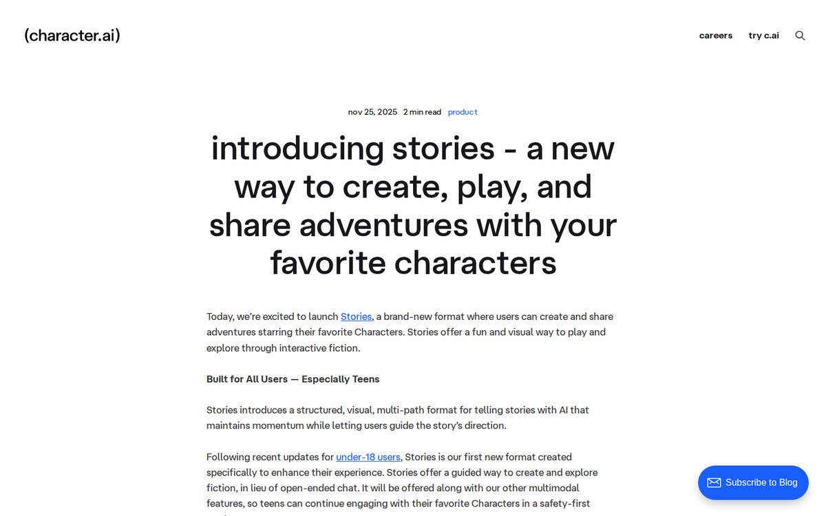 Character.AI’s blog post introducing Stories, its guided interactive-fiction format, September 2026.