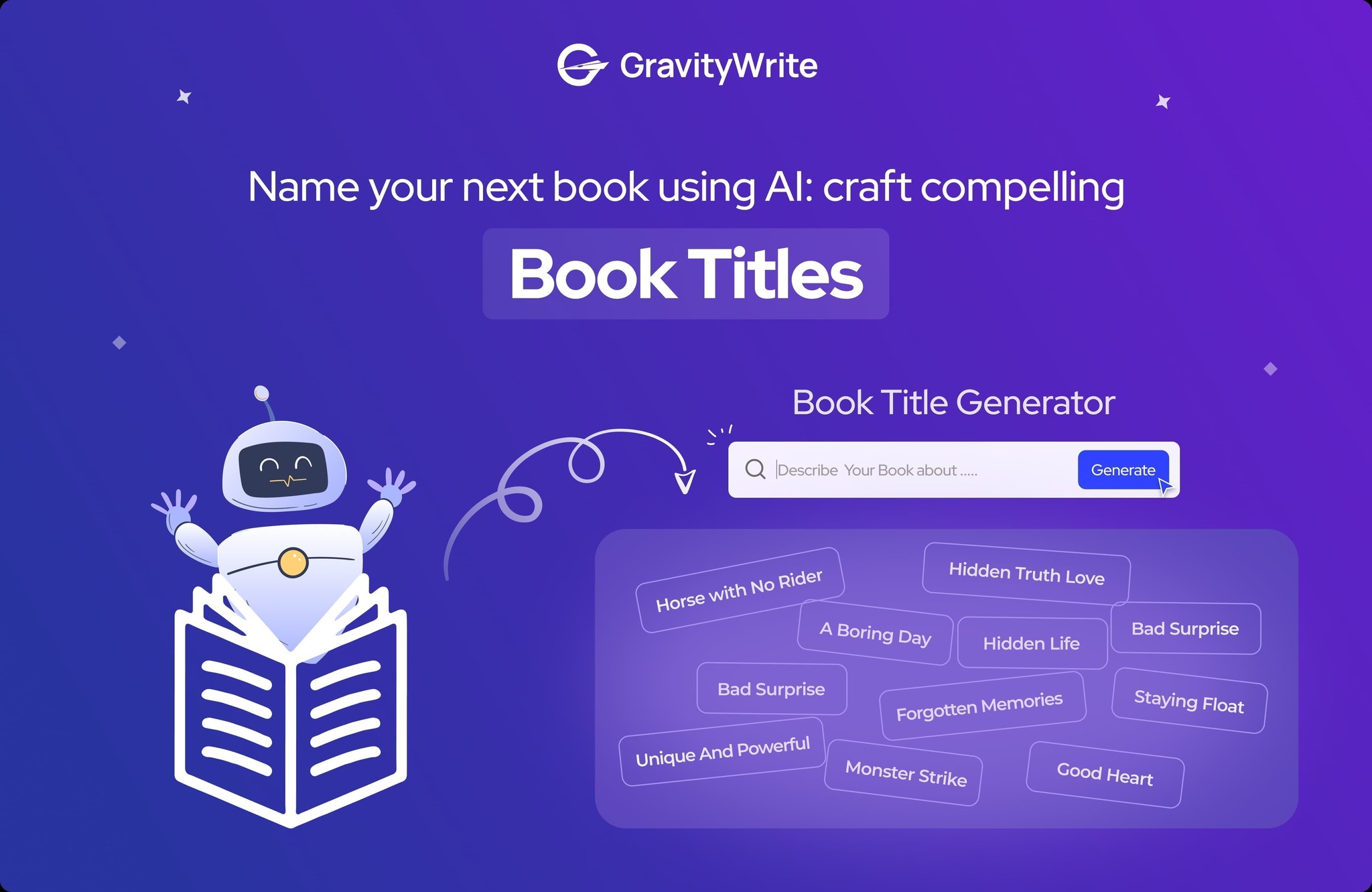 image of GravityWrite homepage showing AI Book Title Generator with a robot and examples like &quot;Horse with No Rider&quot; for marketing campaigns.