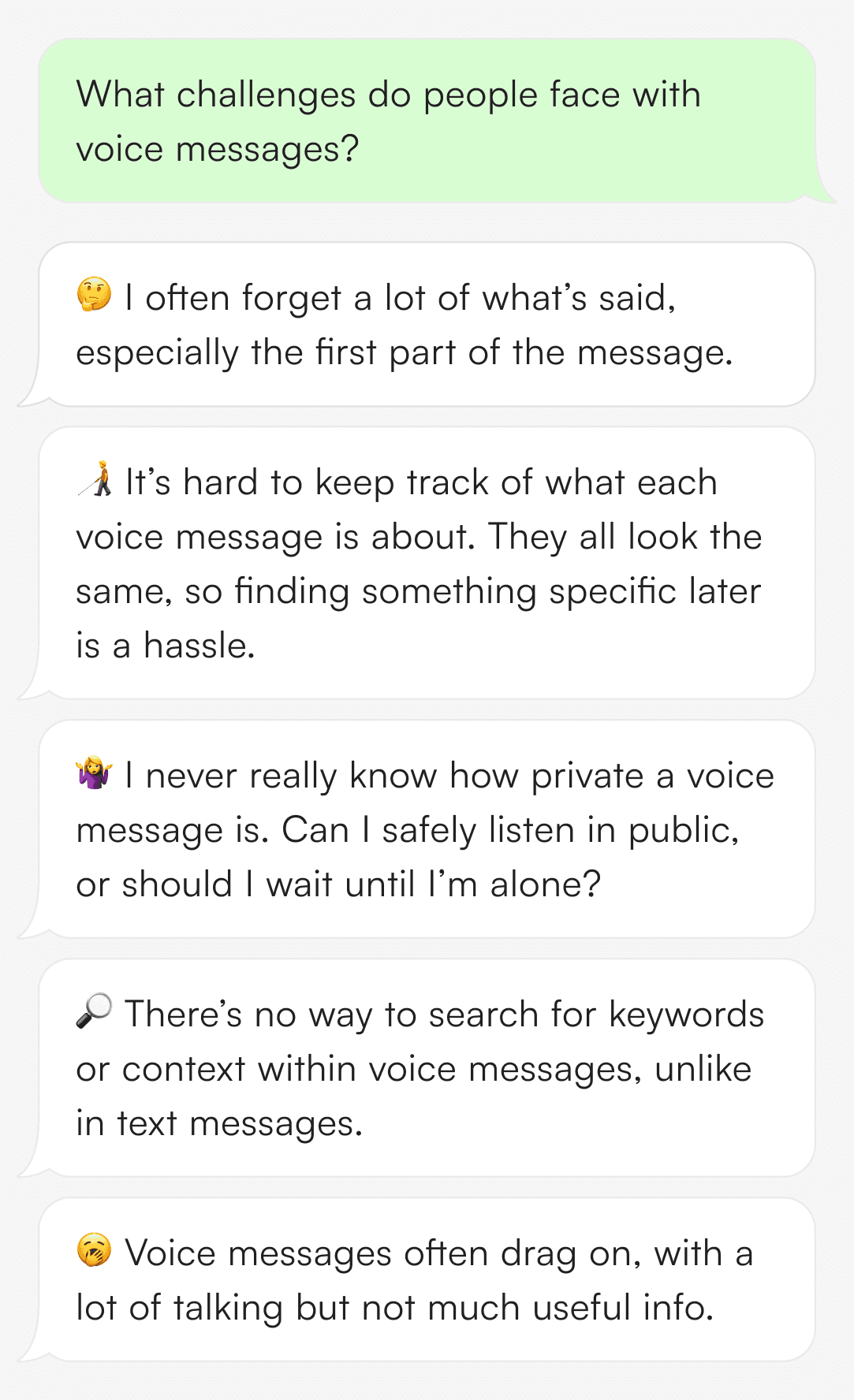 Challenges people face with voice messages: 1: I often forget a lot of what’s said, especially the first part of the message. 2:It’s hard to keep track of what each voice message is about. They all look the same, so finding something specific later is a hassle. 3: I never really know how private a voice message is. Can I safely listen in public, or should I wait until I’m alone? 4: There’s no way to search for keywords or context within voice messages, unlike in text messages. 5: Voice messages often drag on, with a lot of talking but not much useful info.