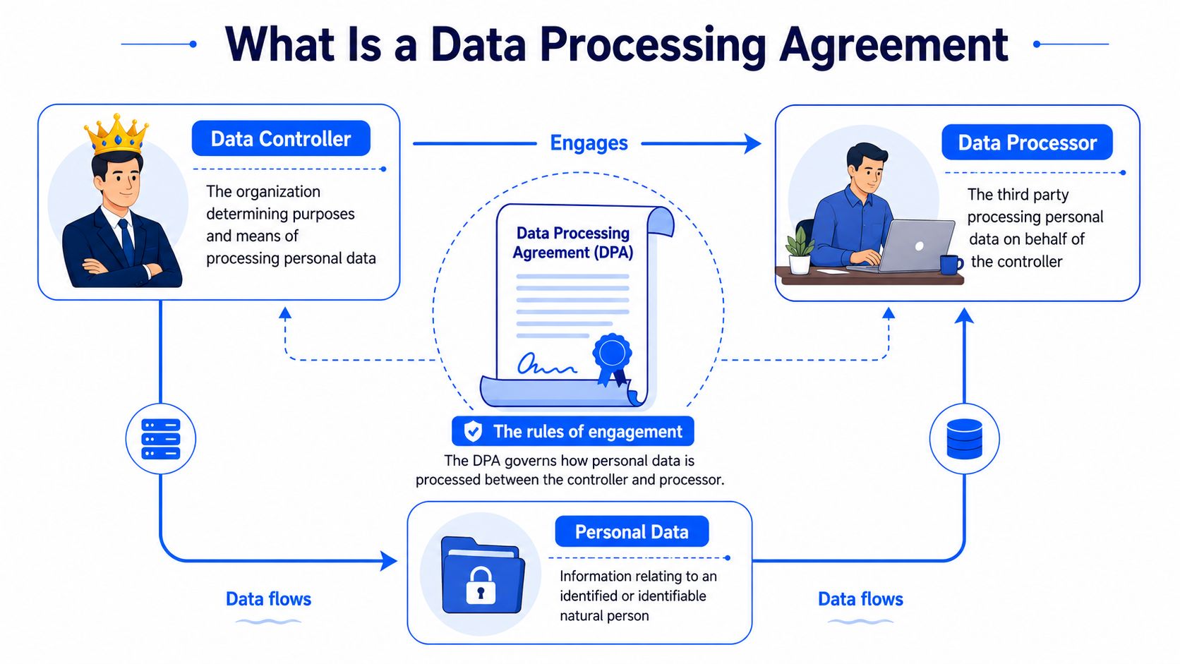 A diagram illustrating a data processing agreement between a data controller and a data processor.