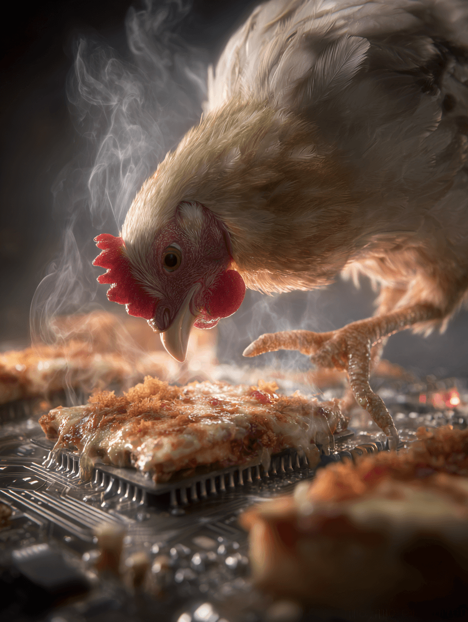 Chicken pecking fried chicken on a circuit board.