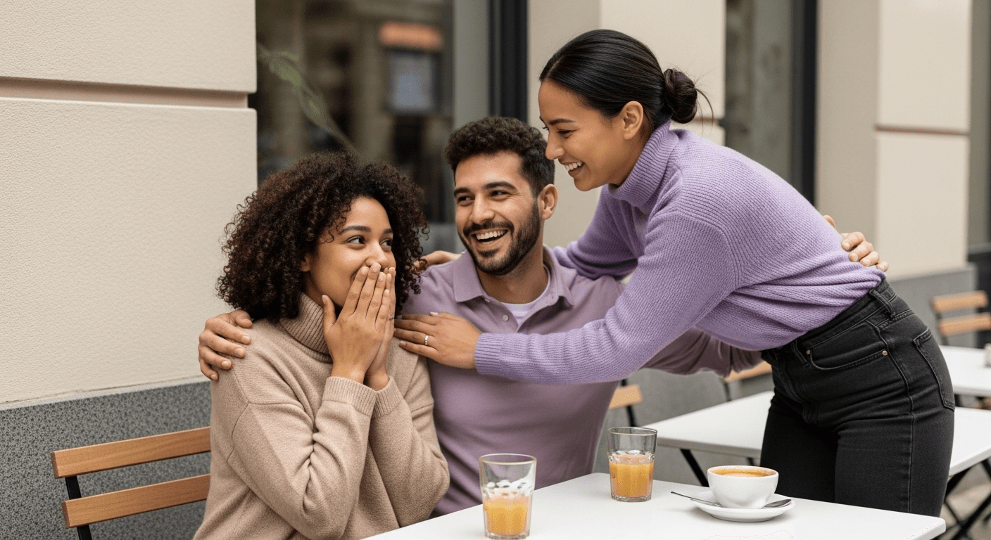 riends sharing a warm but nervous hug while reuniting at an outdoor café after a long time apart