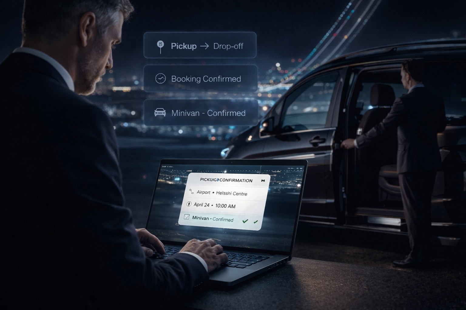 Online booking for Helsinki airport transfer on laptop with luxury minivan and chauffeur at airport at night