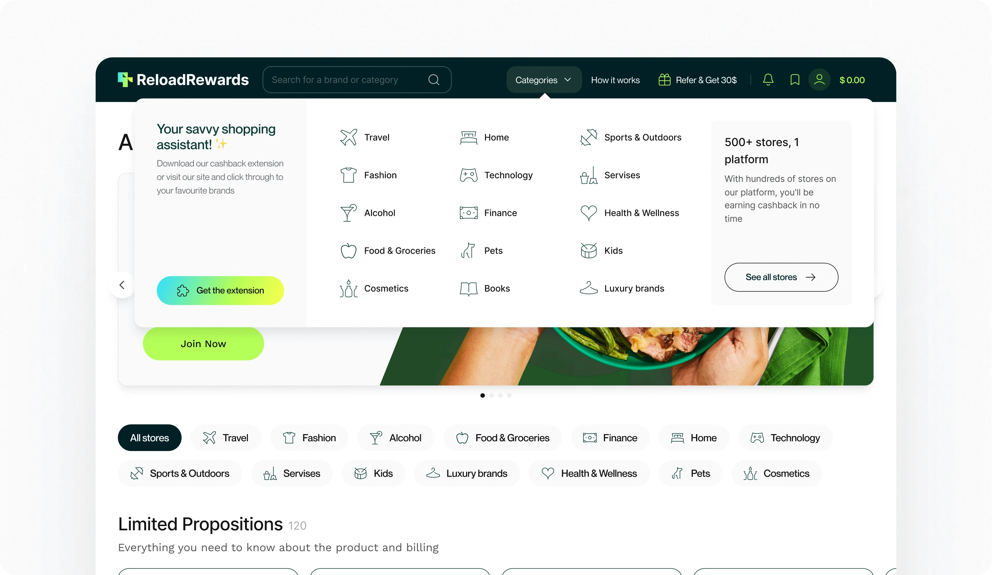 The image shows a user interface of ReloadRewards, a cashback platform designed to assist users in shopping smarter by offering cashback opportunities. The interface prominently features a navigation bar at the top with a search field, categories dropdown, and options for how it works, referring friends, and account access. A pop-up on the left highlights the "savvy shopping assistant," encouraging users to download the cashback extension with a bright call-to-action button. The visual theme includes minimalist icons representing different shopping categories, such as travel, fashion, home, and more, emphasizing an easy and user-friendly shopping experience.