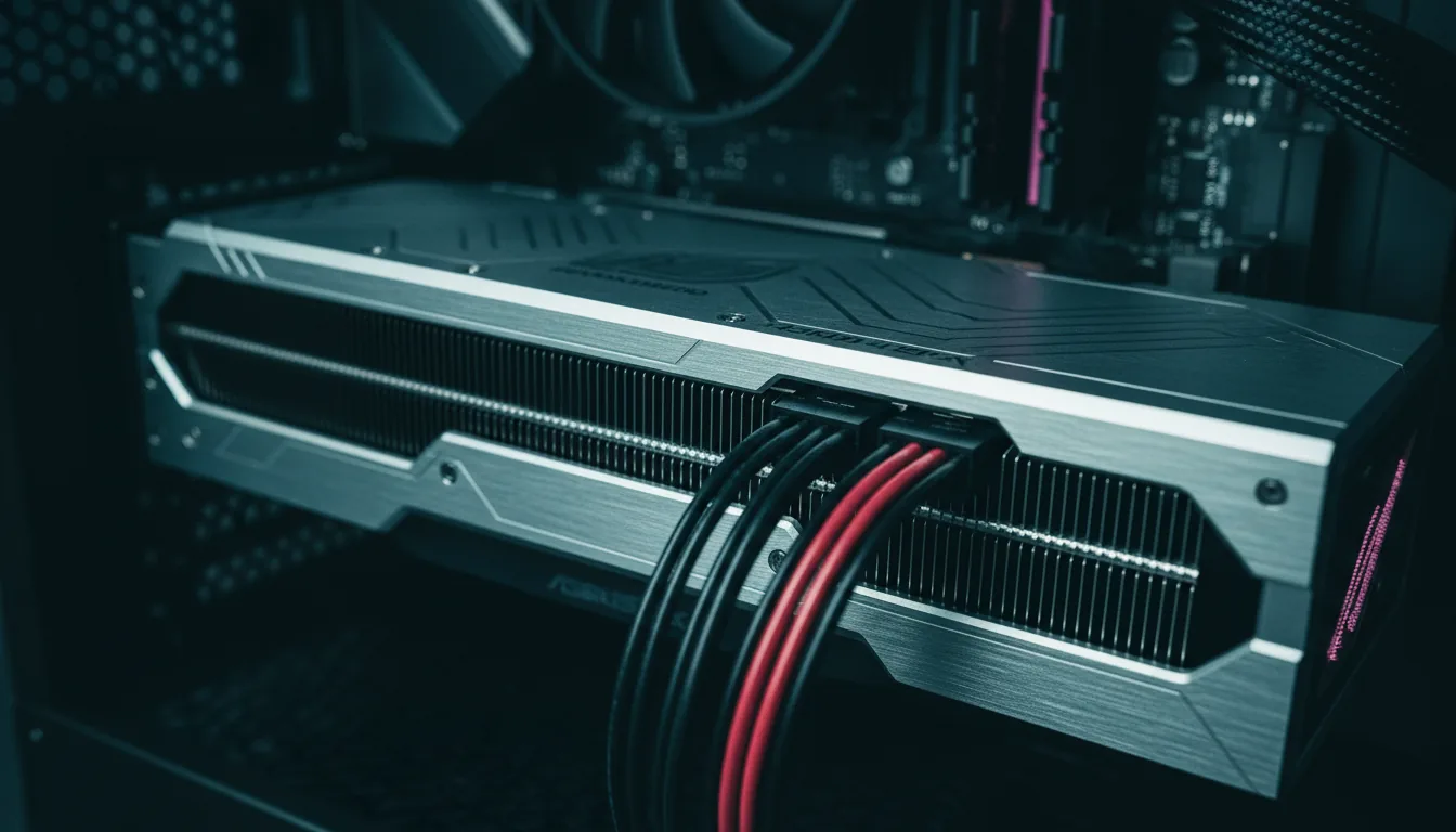 Macro DSLR photograph of a high-end ASUS Republic of Gamers graphics card installed in a dark computer case, viewed from a dynamic low angle. Cinematic contrast with cool, moody studio lighting highlights the intricate details. Sharp focus on the brushed metal heatsink fins and cyberpunk-style etchings on the silver shroud. Braided power cables in the foreground and the dark motherboard in the background are softly blurred with a shallow depth of field and beautiful bokeh. Desaturated, cool-toned color palette with a cinematic teal tint.
