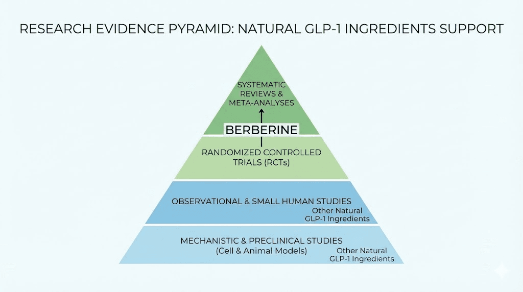 Evidence hierarchy for natural GLP-1 support ingredients showing research quality levels