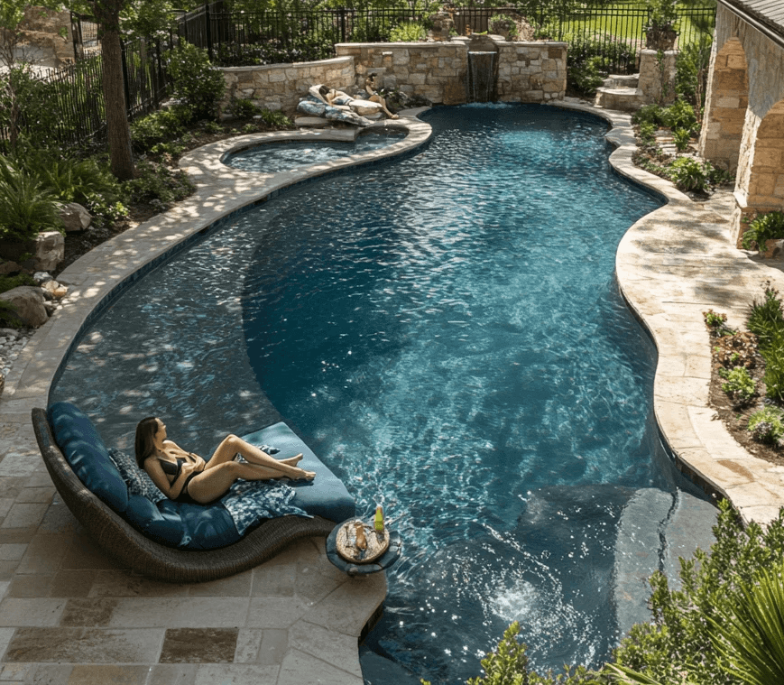 couple enjoying their beautiful pool in Grand Prarie that gets weekly service from Poolside, TX