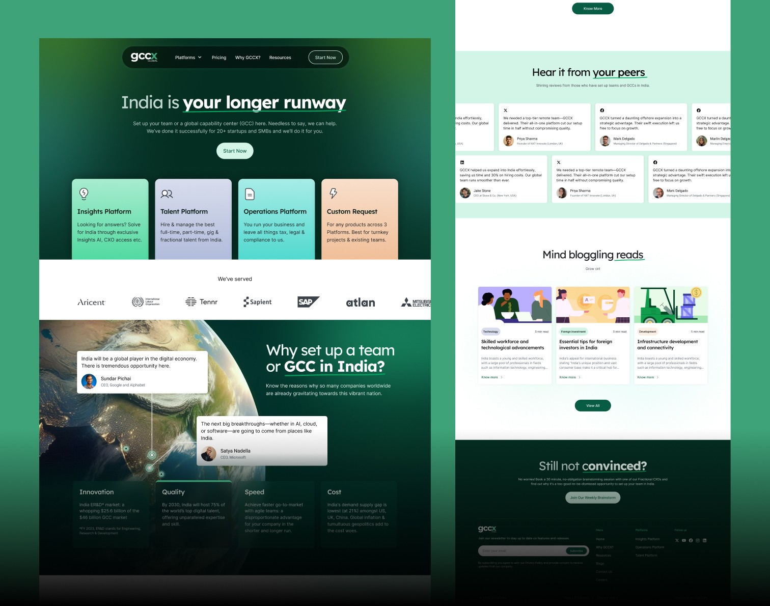 GCCX website homepage featuring 'India is your longer runway' hero banner, four service cards for Insights Platform, Talent Reviews, Operations Platform, and Enquiry Request, trusted client logos including UN and SAP, 'Why set up a team or GCC in India' section highlighting innovation, quality, speed and cost benefits, peer testimonials, and mind blogging reads blog section