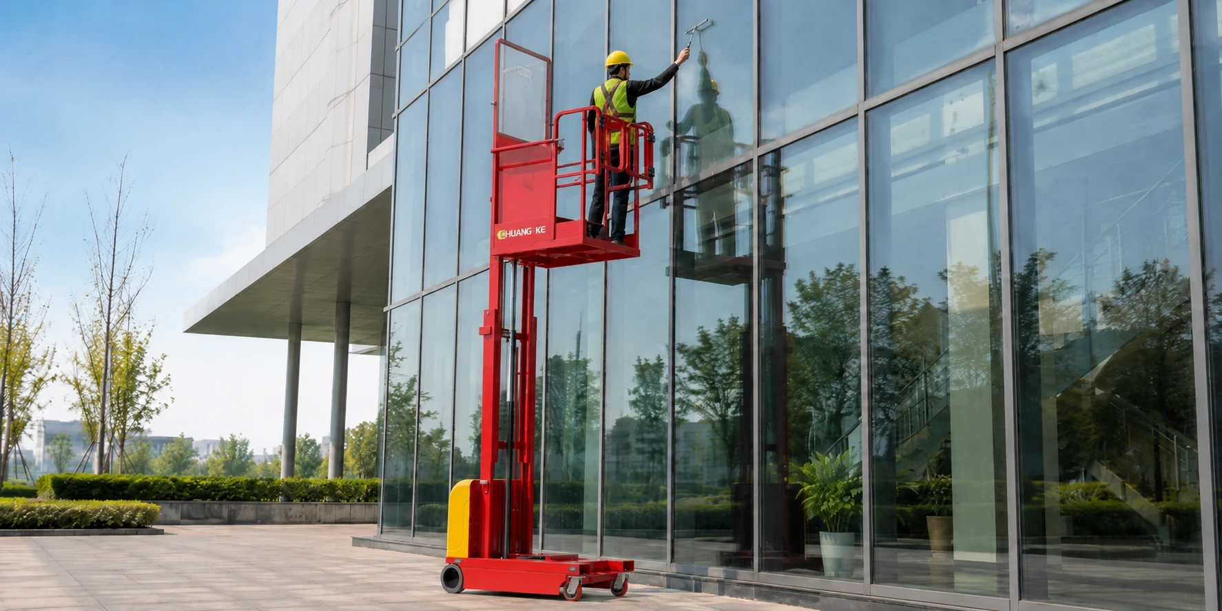 WIZPLUS electric order picker used for building facade and exterior maintenance work