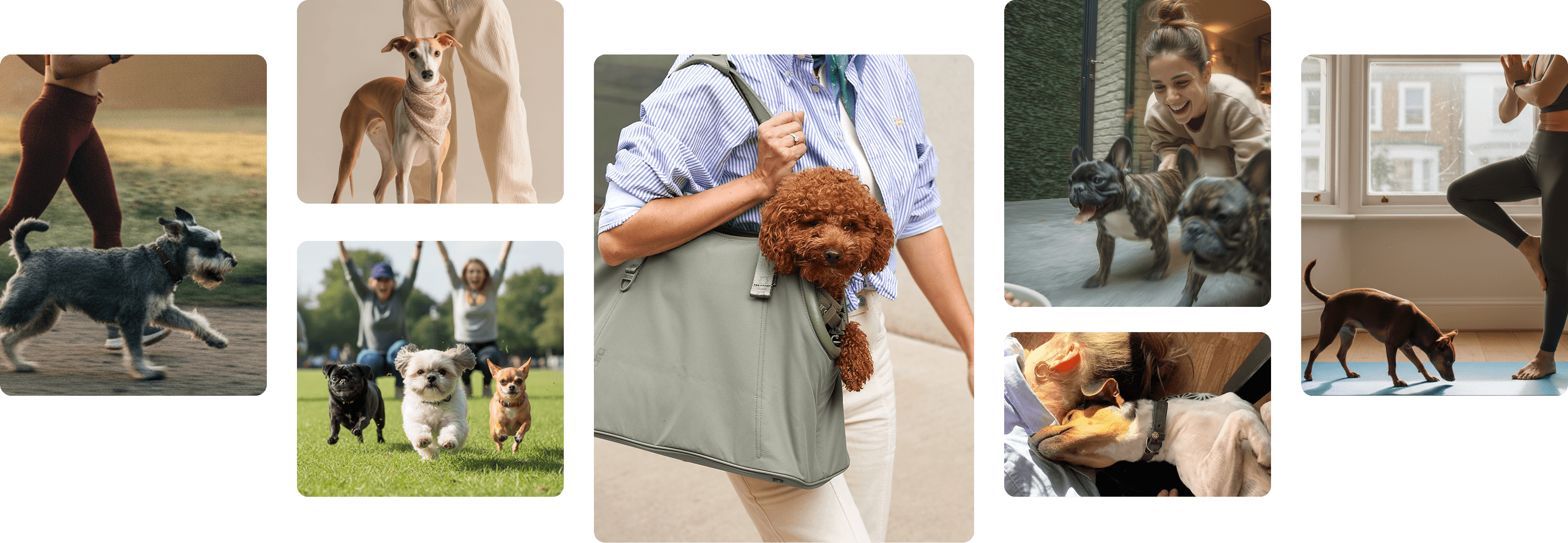 Six lifestyle scenes of stylish small dogs and their owners on city streets, in parks and at cafés – TENDS Wear, small dogs move with style