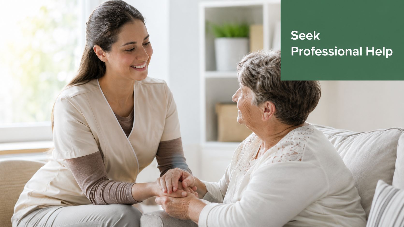 A friendly caregiver smiling warmly while holding the hands of an elderly woman during a home visit.