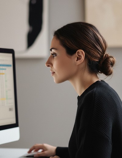 Mitarbeiterin arbeitet konzentriert am Computer, während KI-gestützte Auftragsautomatisierung Zeit spart und Eingabefehler reduziert