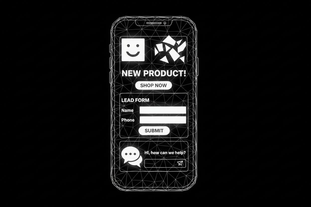 A smartphone showing social media ads, a lead form, and a chat window