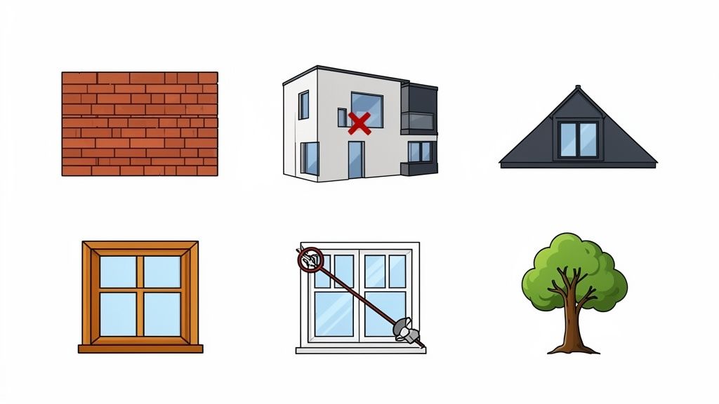 Illustrations showing building elements: a brick wall, house with restricted window, roof, wooden window, another restricted window, and a tree.
