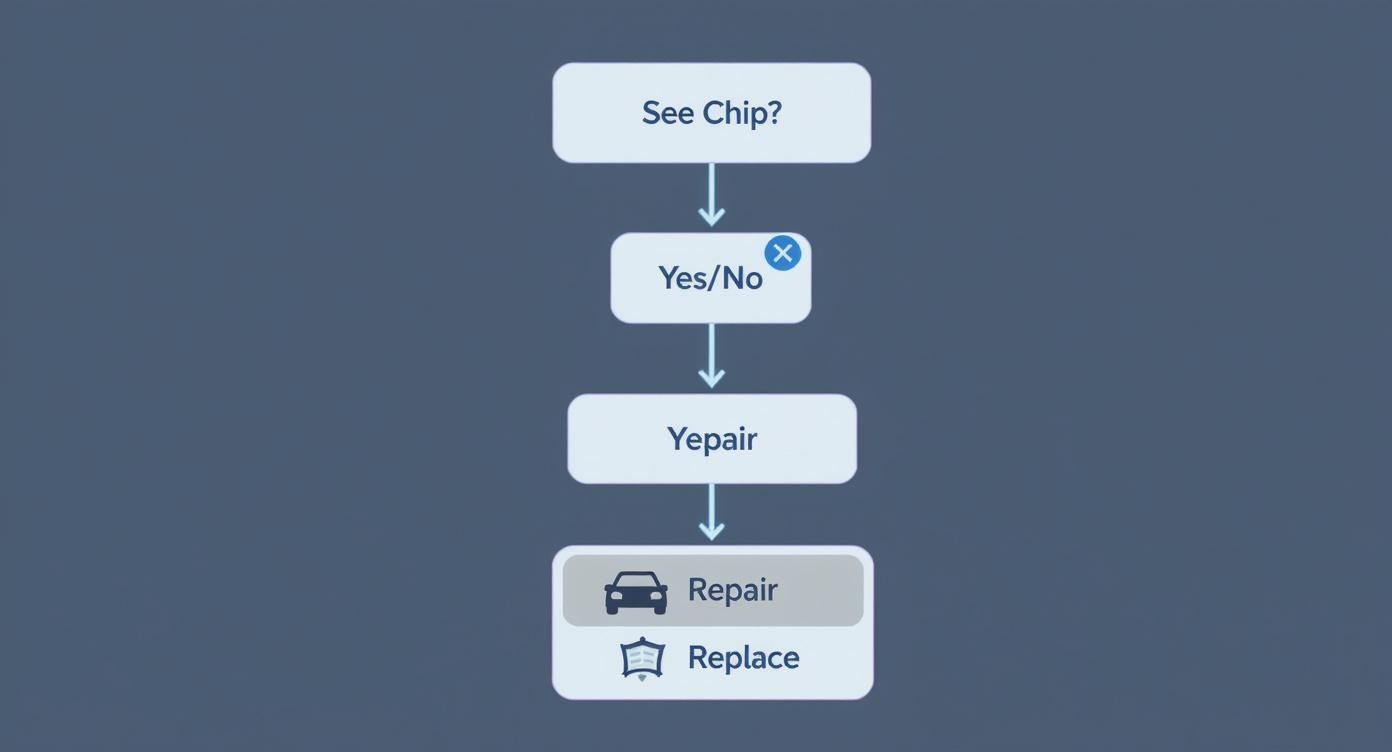 Flowchart for windshield damage decision: 'See Chip?', 'Yes/No', leading to 'Repair' or 'Replace'.