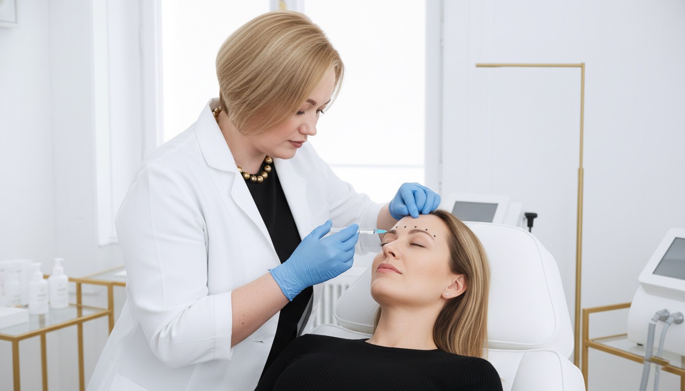 Dr. Melisa Dulic führt Botox-Faltenbehandlung im Stirnbereich in moderner Wiener Praxis durch