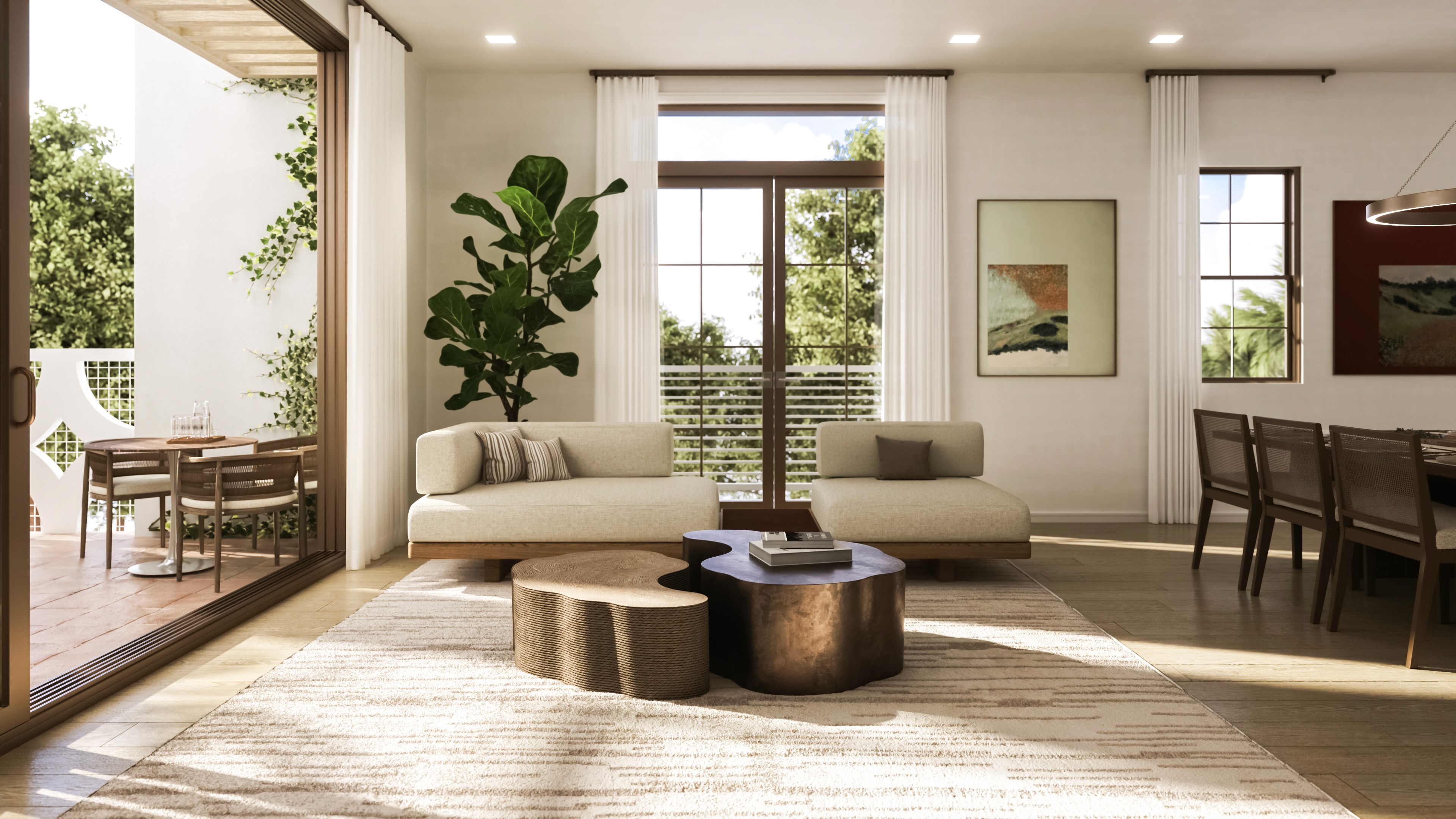 A very modern and luxurious living room, clean white and green pallette with high end furniture