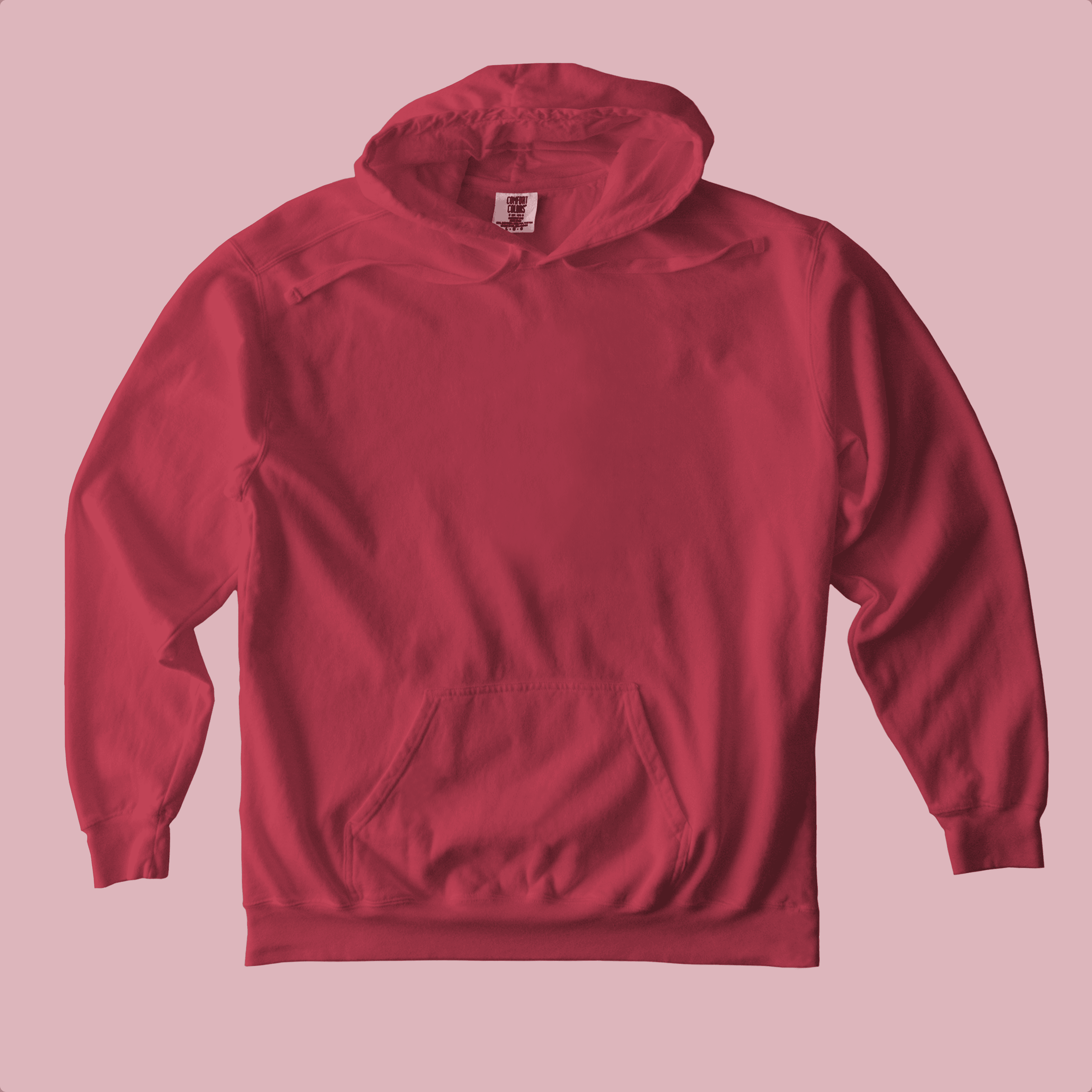 Red pullover hoodie with a kangaroo pocket.