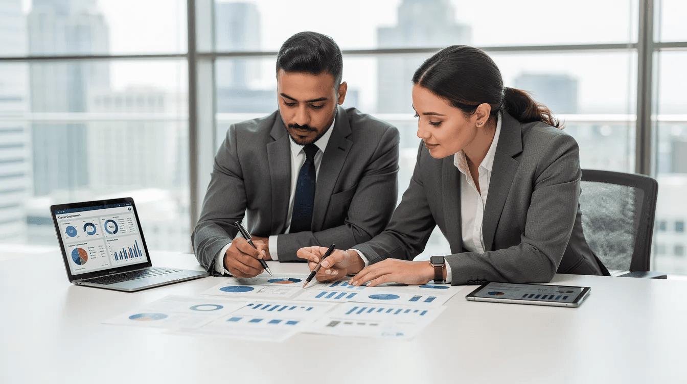 The image shows two professionals, a man and a woman, engaged in a discussion while reviewing financial documents at a conference table. They appear focused on analyzing tax implications for small businesses, possibly discussing income tax strategies and investment options relevant to their company's financial planning.
