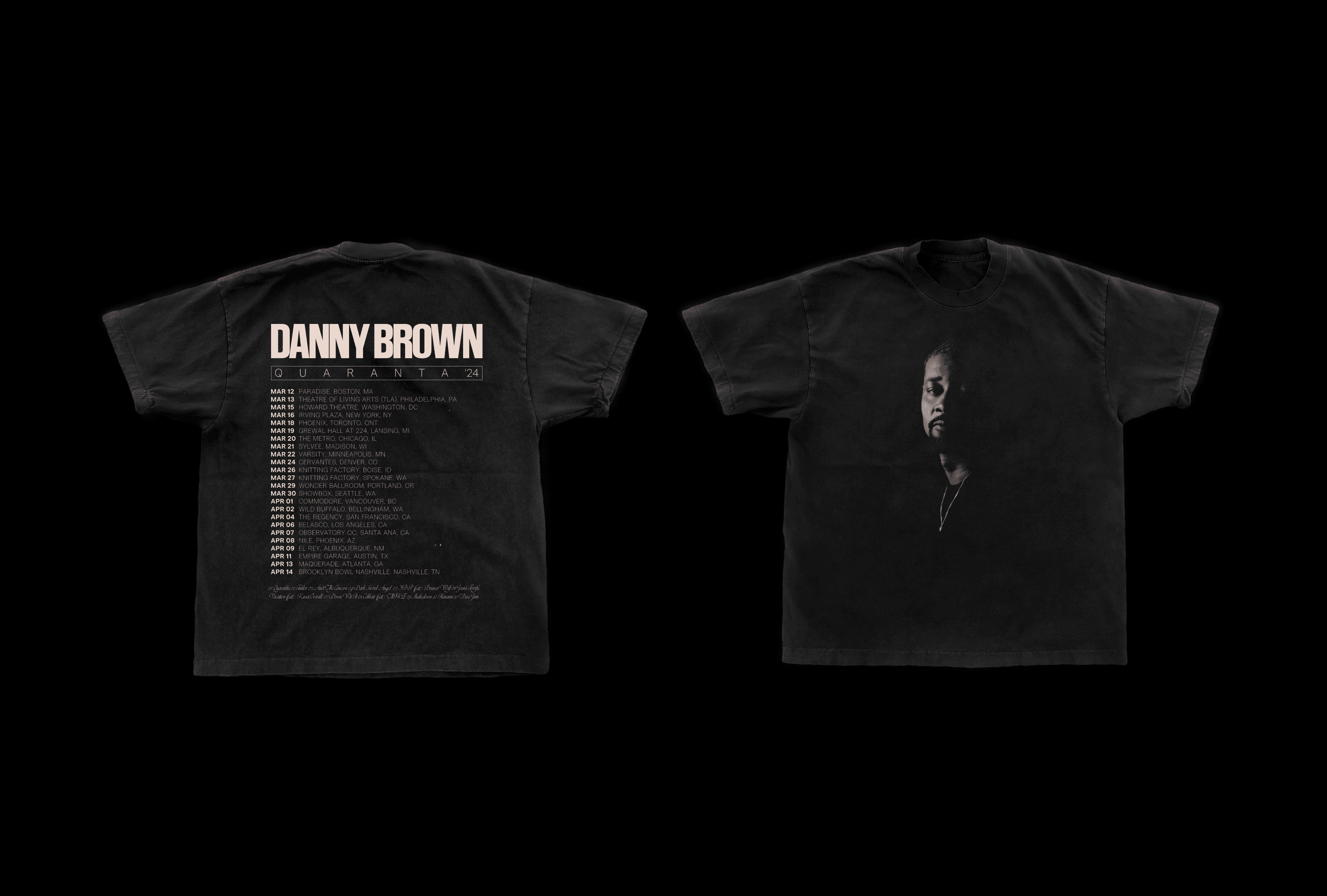 front and back view of the official merch for the tour showing all the diffrent dates and cities