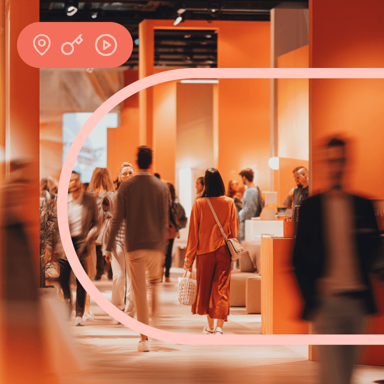 People walking in a branded expo space