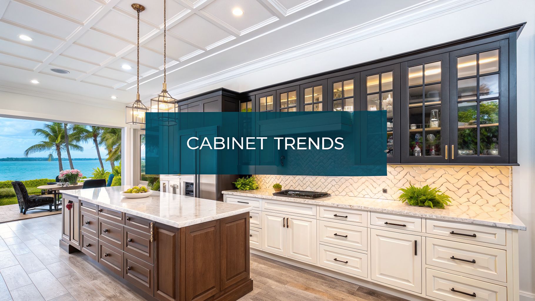 a large kitchen with 'cabinet trends' in the foreground