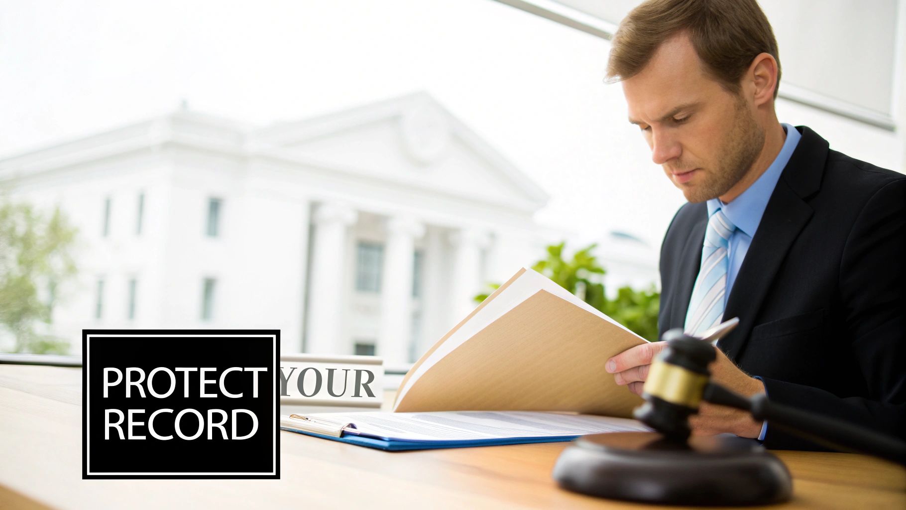 A male lawyer reviews legal documents on a desk with a gavel, emphasizing record protection and legal services.