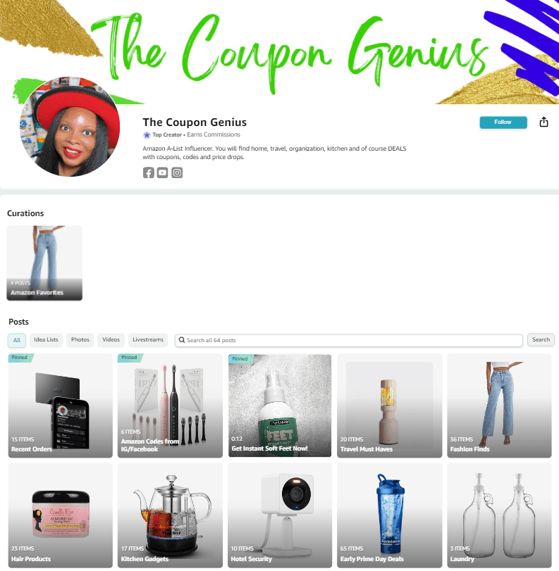 screenshot of influencer the coupon genius’s amazon storefront