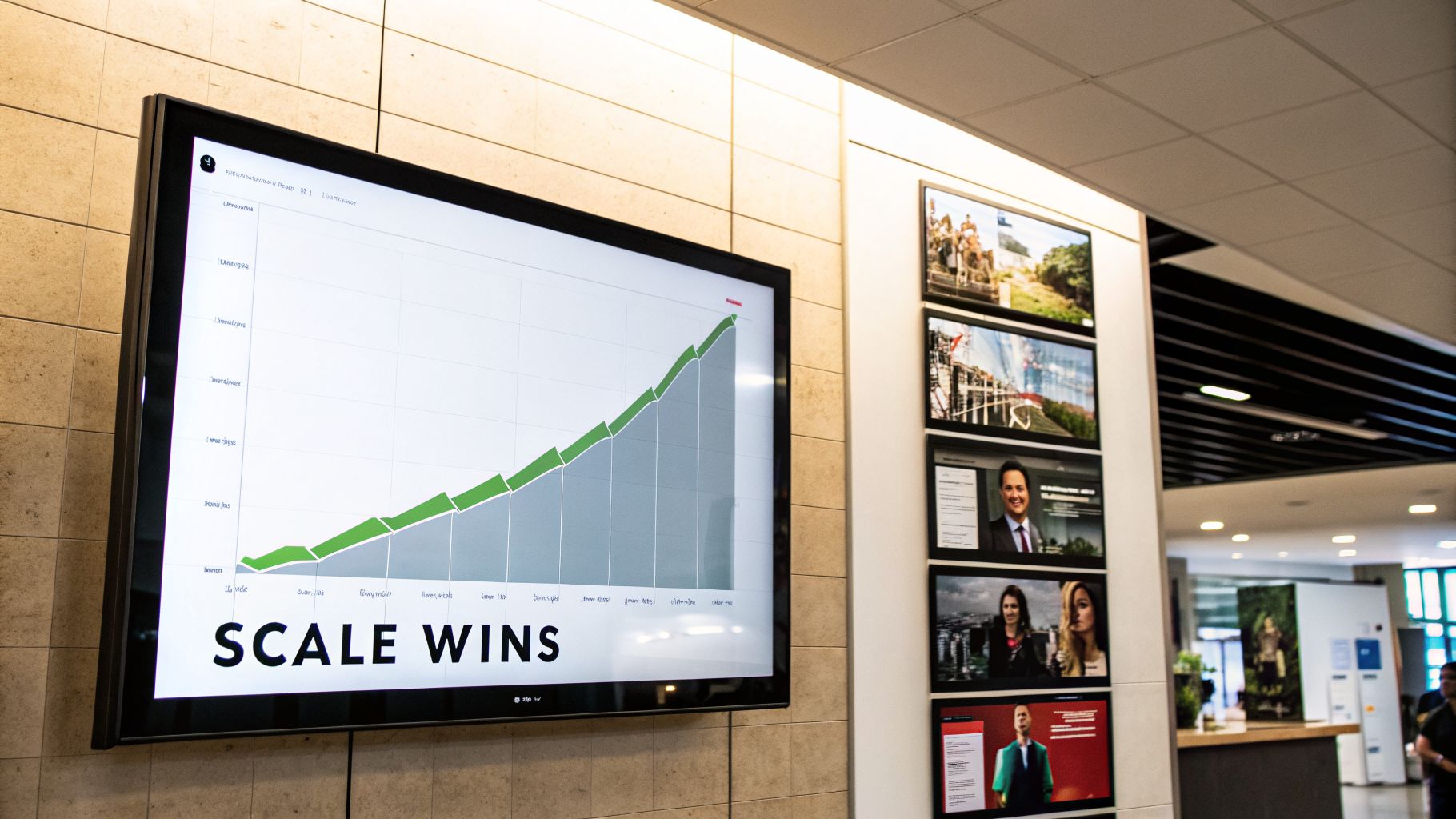 A large screen displays a growing green line graph titled 'SCALE WINS' in an office environment.