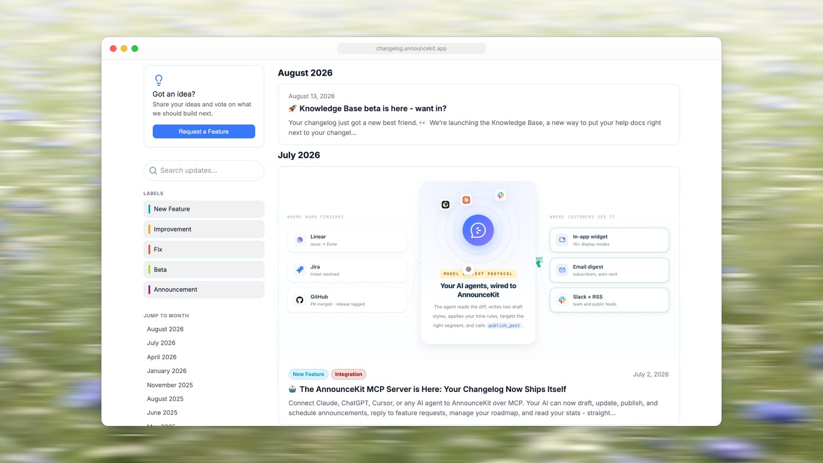 AnnounceKit's changelog with a text card dated August 13, 2026 and a July 2, 2026 post that opens with a large diagram of AI agents connected to AnnounceKit