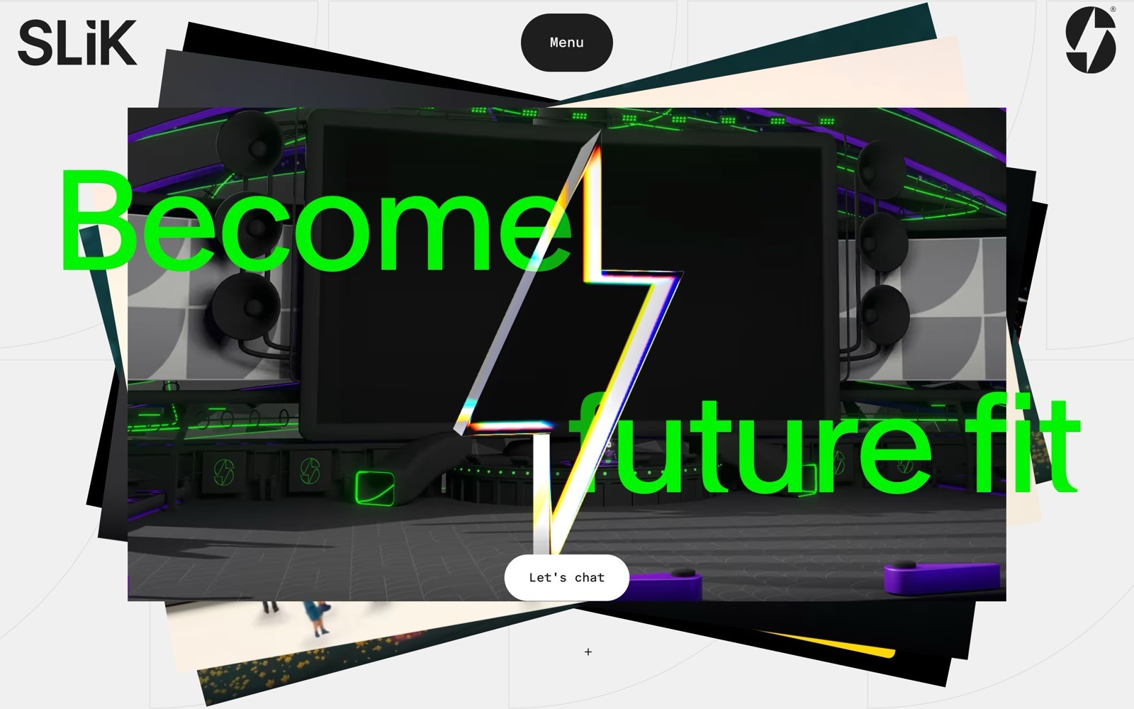 Futuristic digital display with bold green text "Become Future Fit" over a colorful lightning bolt. Black and green tech-themed background.