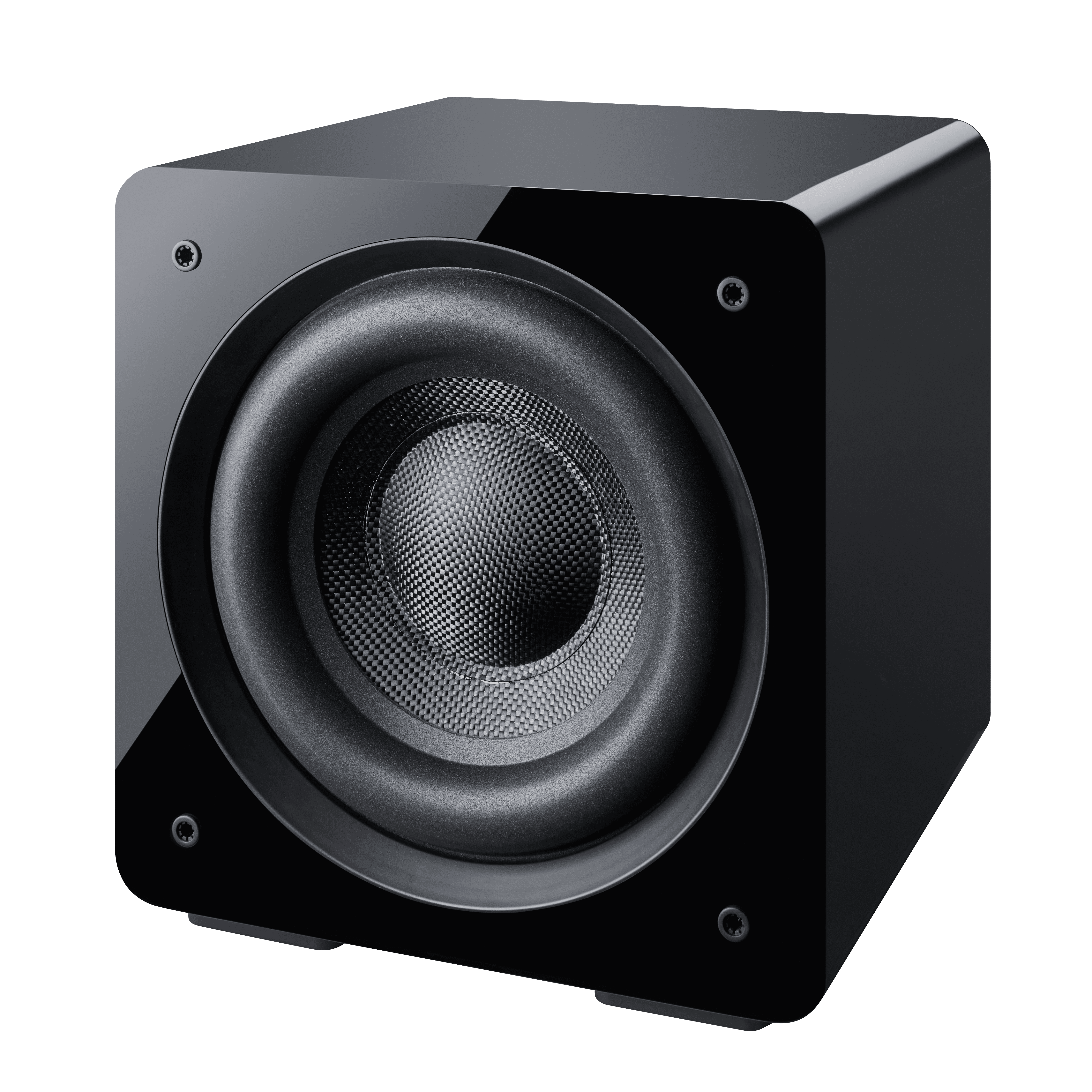 Black subwoofer with reflective finish