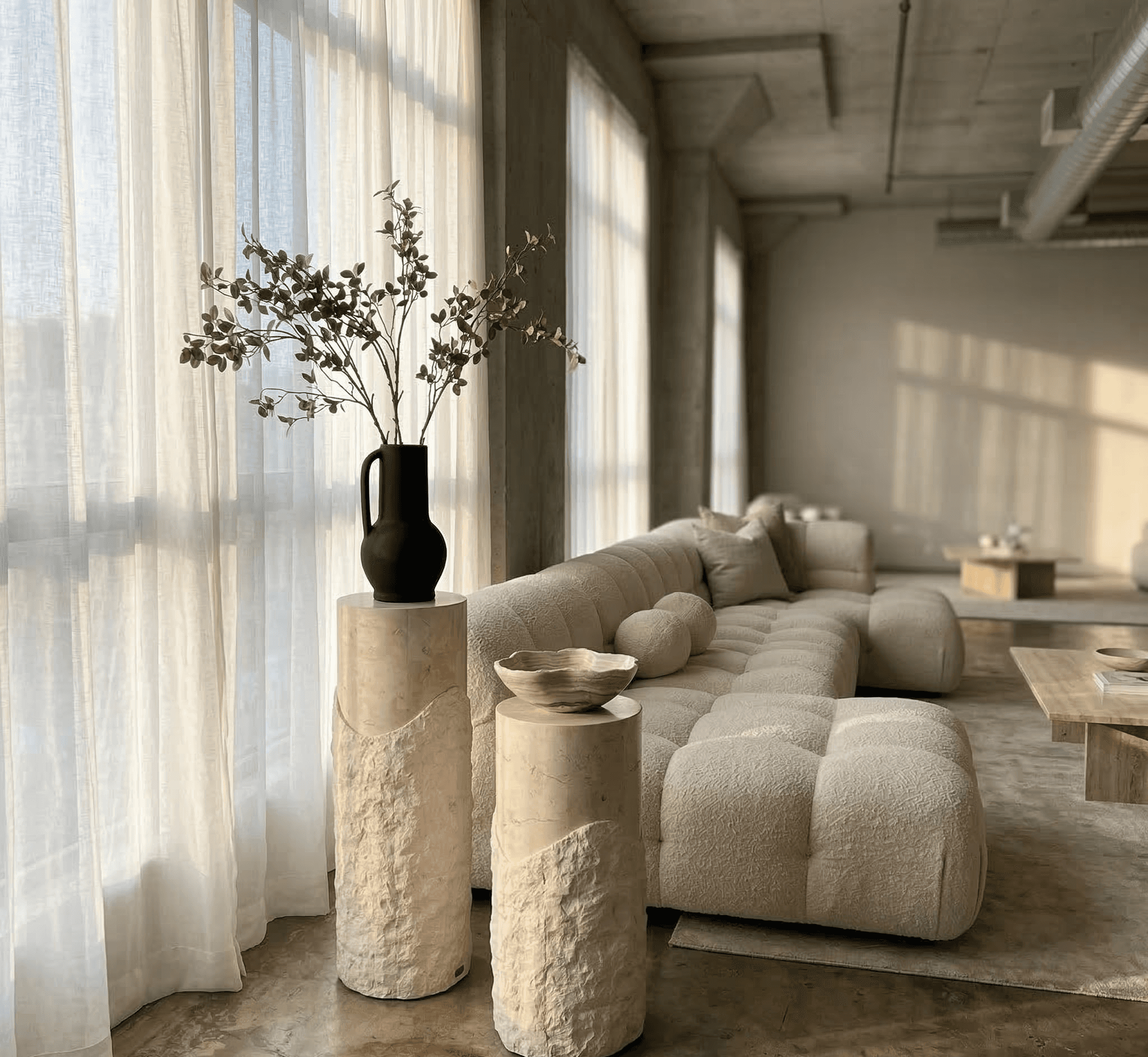 Minimalist entry hall with arched wooden door, warm plaster walls, dried botanicals, and soft natural light.