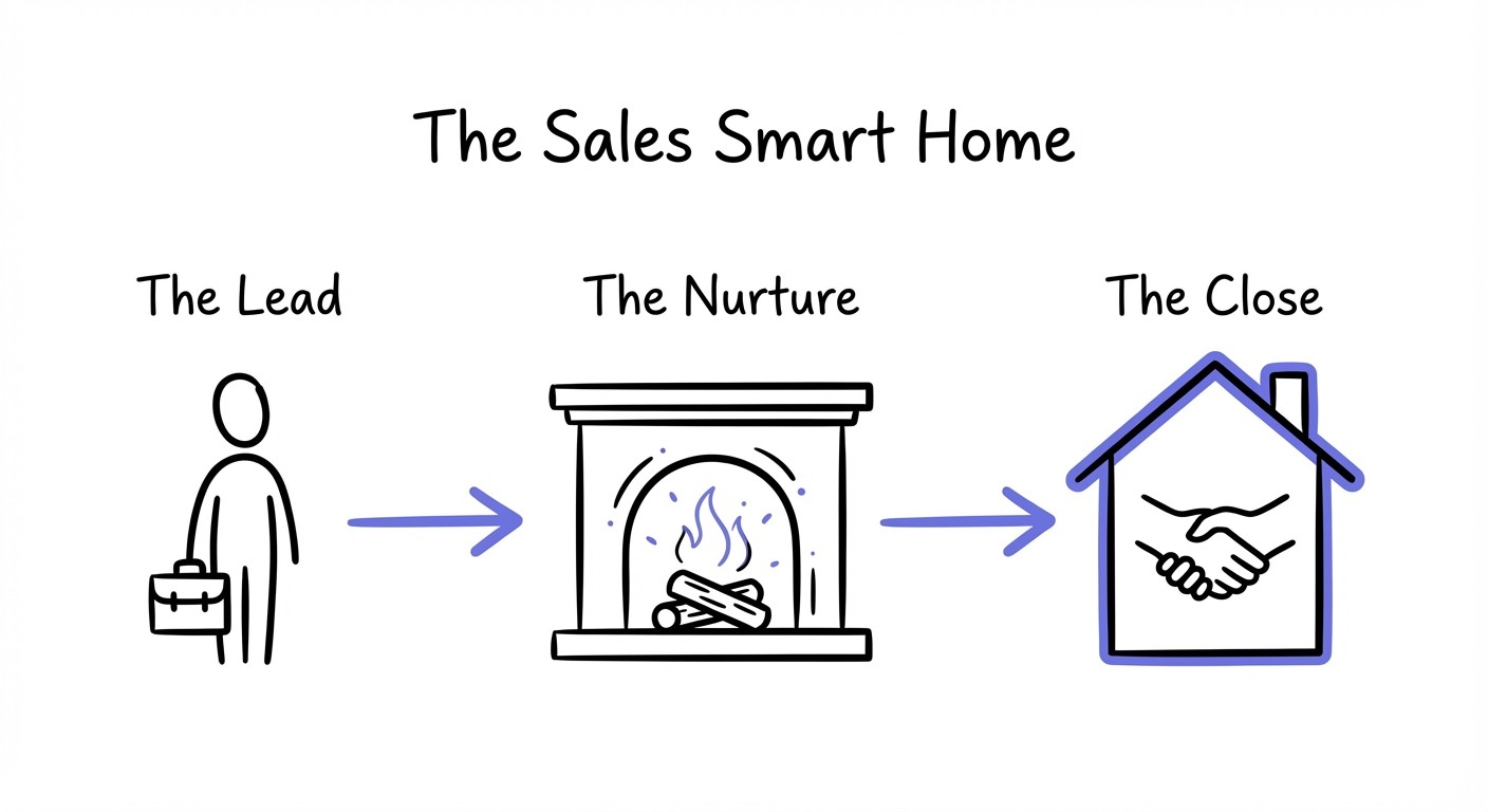 A hand-drawn flowchart titled The Sales Smart Home showing a flow from a nervous lead to a warm nurture process, ending in a successful close.