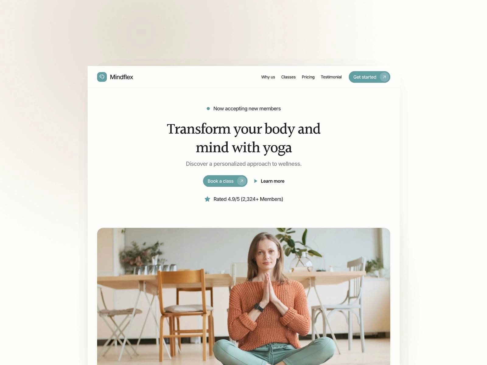 Mindflex yoga landing page template designed in Framer