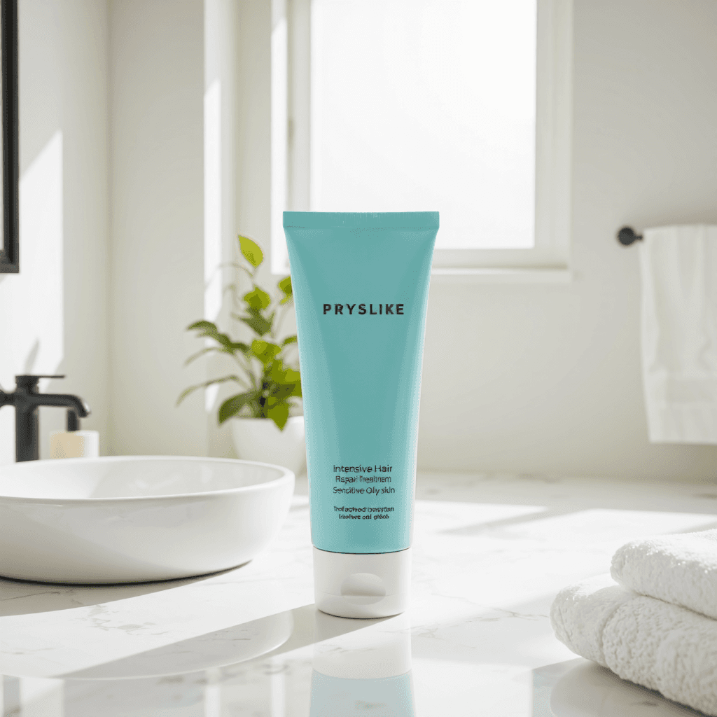 product photography of a tube of intensive hair repair treatment for sensitive and oily skin