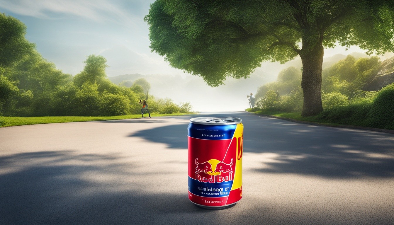 Create an image of a Red Bull can balanced in an unexpected or creative location using the #PutACanOnIt challenge. Show the can in a visually striking way, using bold colors and dynamic angles. Incorporate elements of adventure and excitement that capture the energy and spirit of Red Bull. Think outside the box and come up with a unique concept that will catch viewers' attention and inspire them to participate in the challenge.