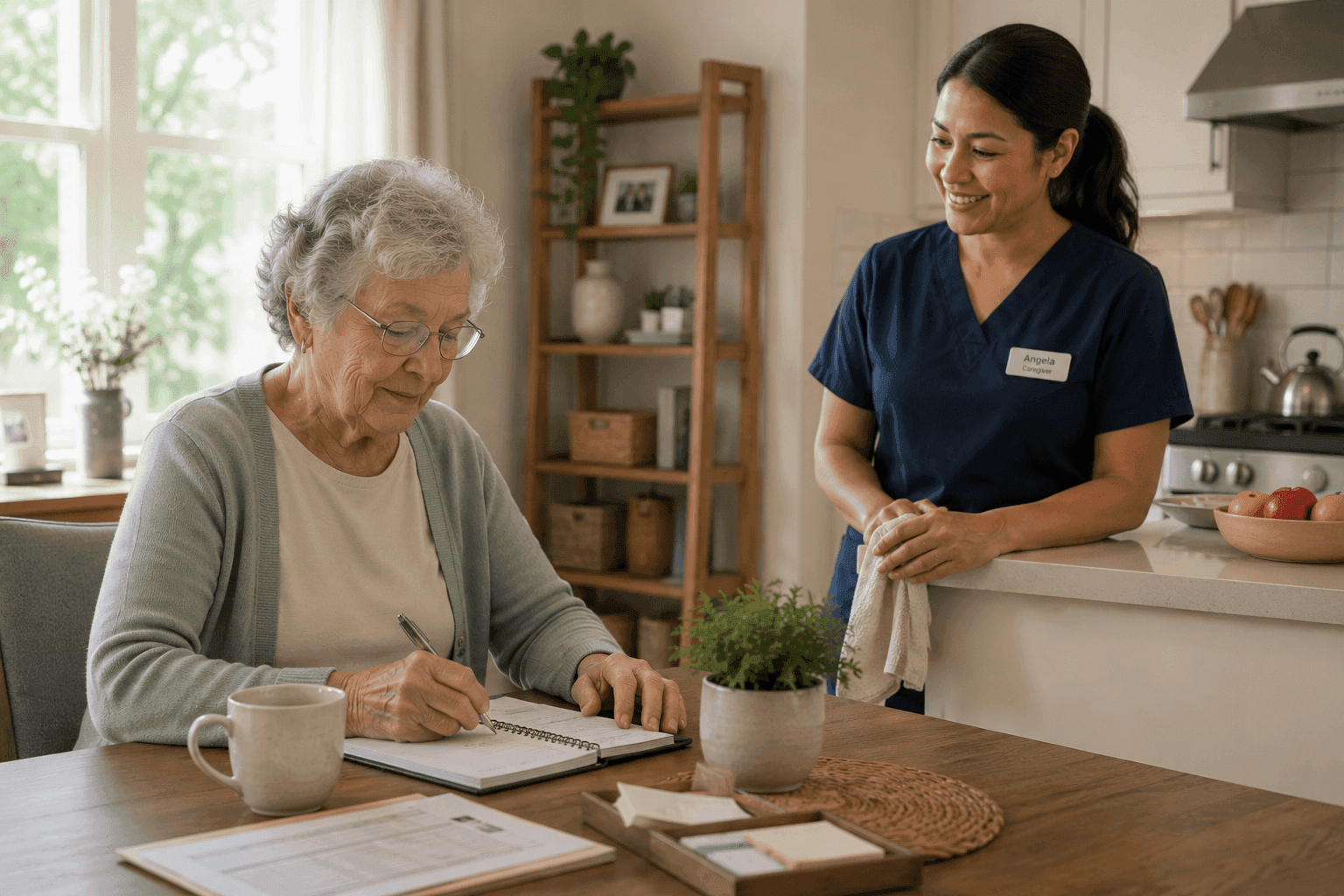 Elderly woman maintaining independence with caregiver support nearby