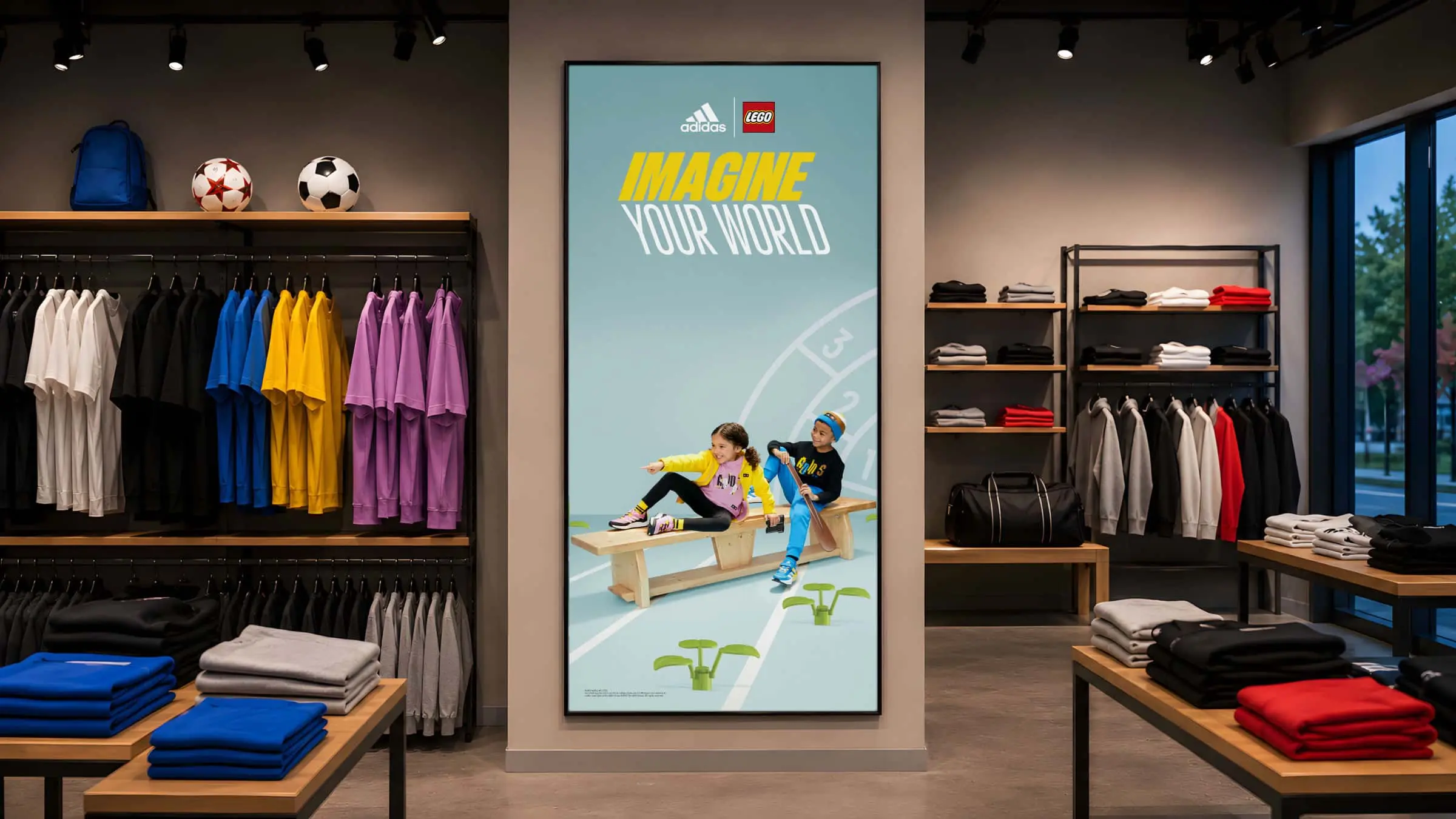 Large format in-store retail graphic display poster for Adidas x LEGO collection campaign by Thomas Harvey