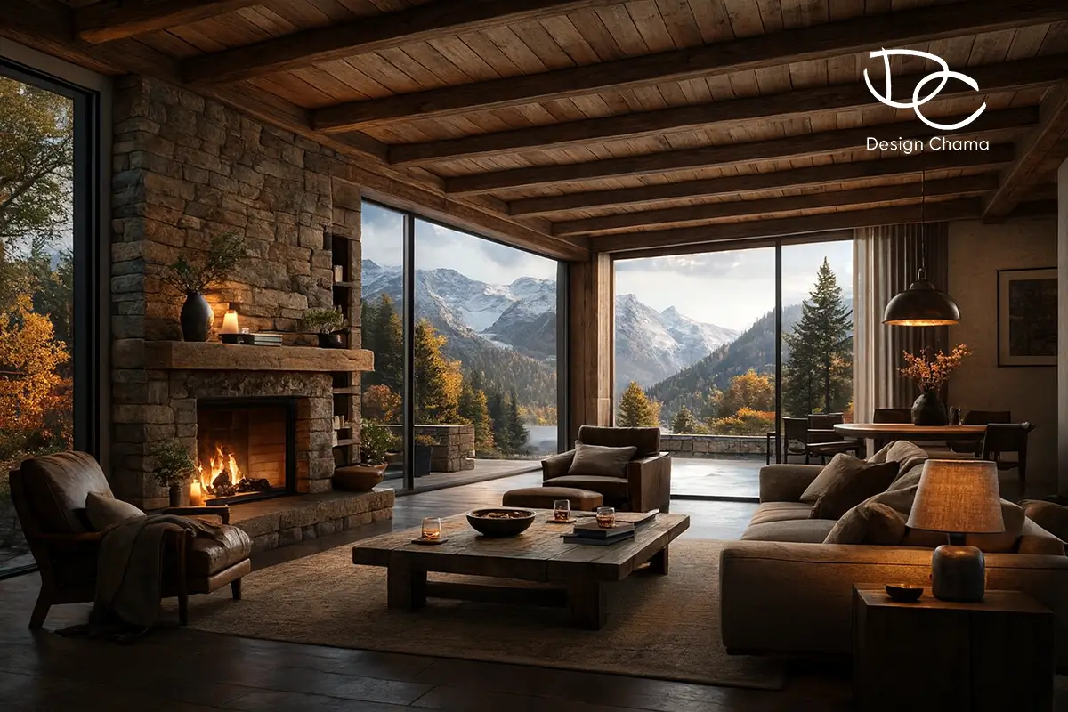 Εσωτερικός χώρος ορεινής κατοικίας με μεγάλα παράθυρα, θέα στο βουνό.