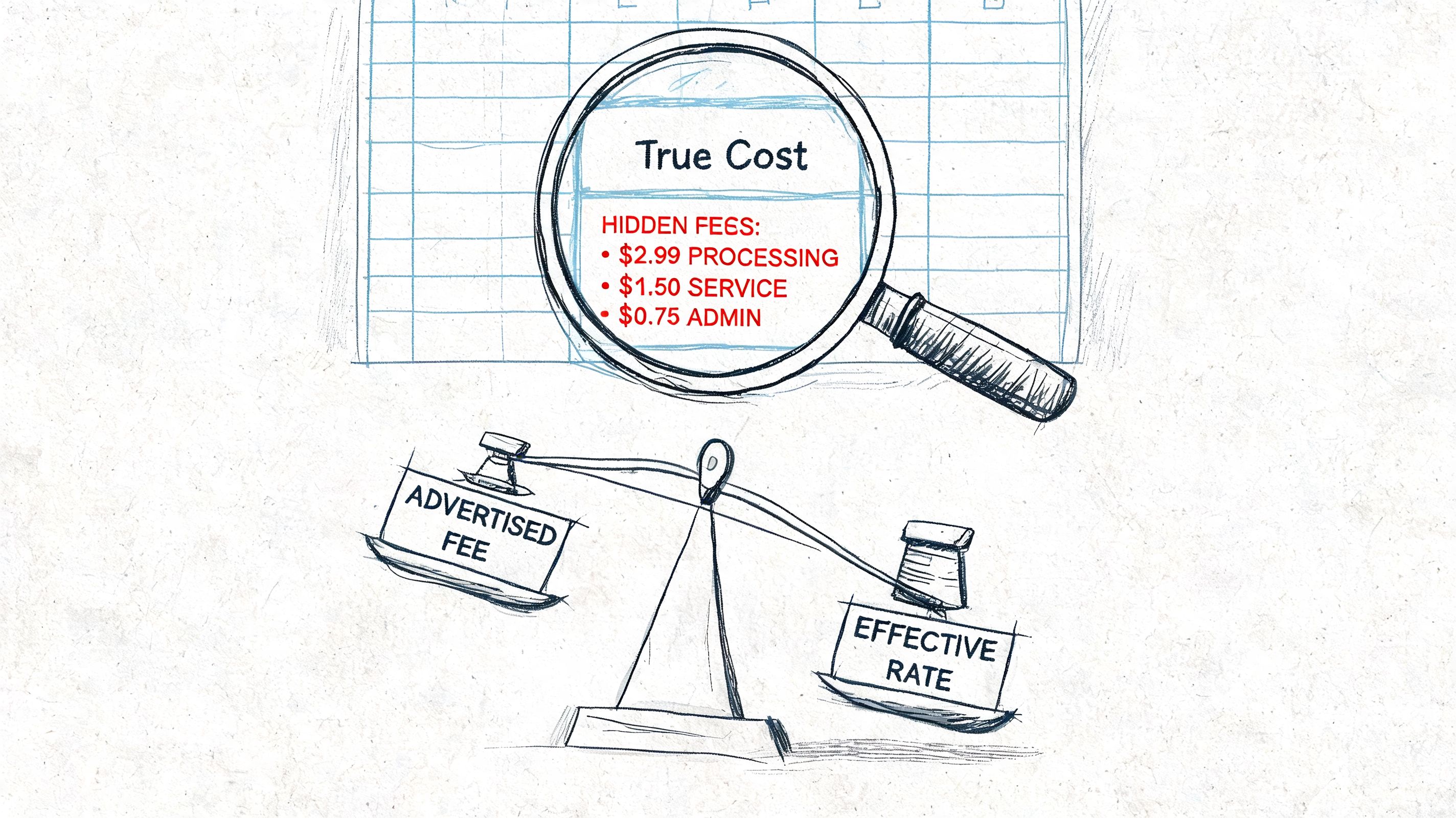 A conceptual sketch showing a magnifying glass revealing hidden processing, service, and administration fees beneath a balance scale.