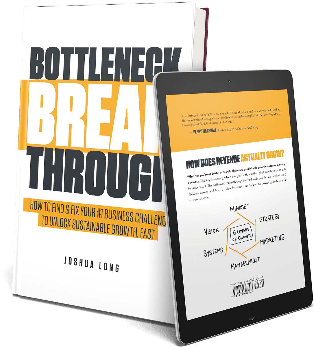 The Bottleneck Breakthrough book and tablet, offering a playbook to unlock growth by fixing business bottlenecks and optimizing sales team performance.