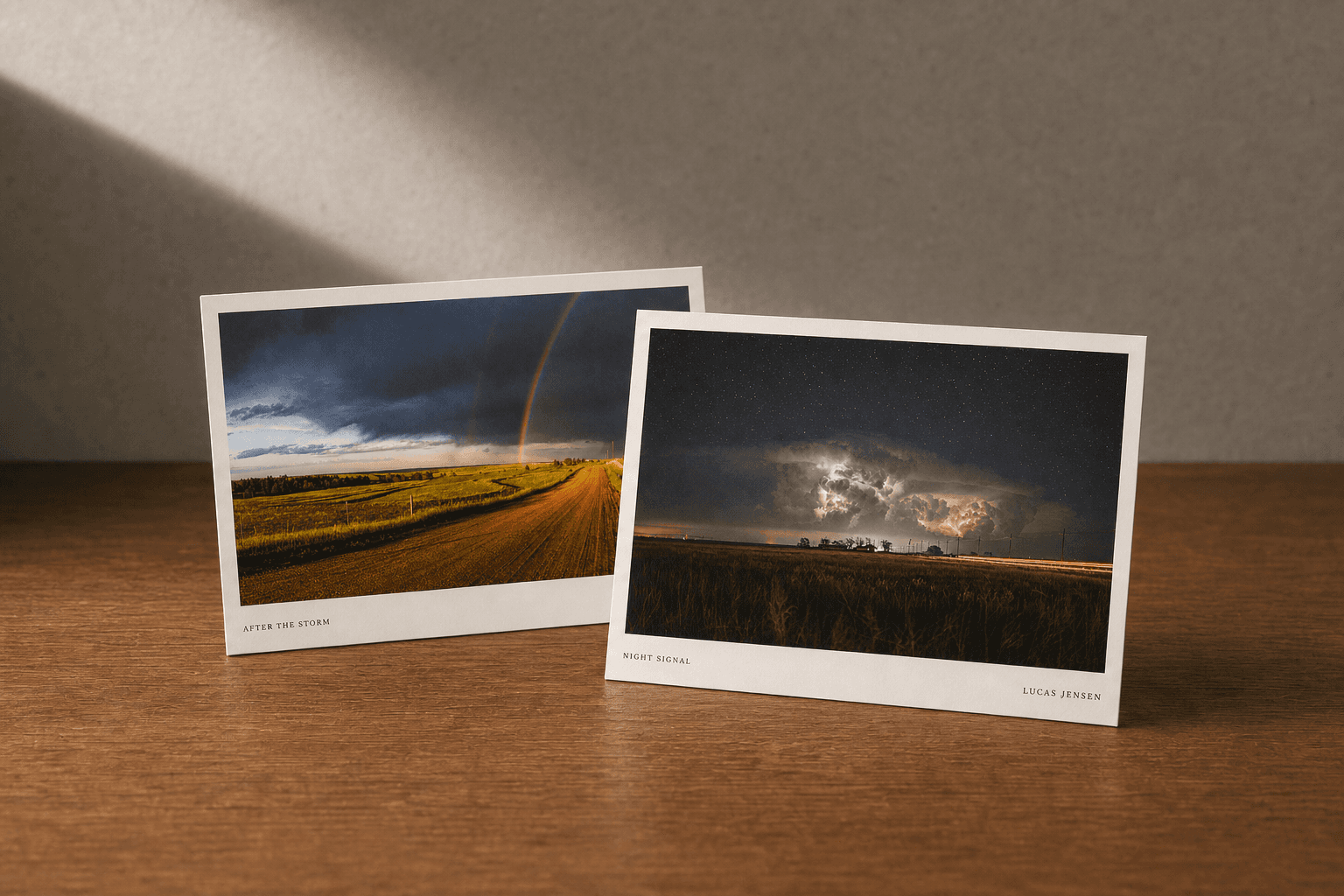 After the Storm and Night Signal 4 by 6 inch postcards together on the Edition 001 warm wood product-photo surface