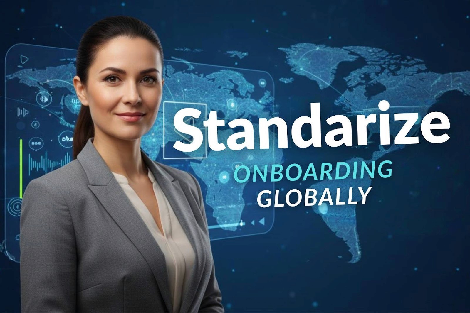 Video Translator to standardize onboarding globally, HR training concept with professional woman and world map interface